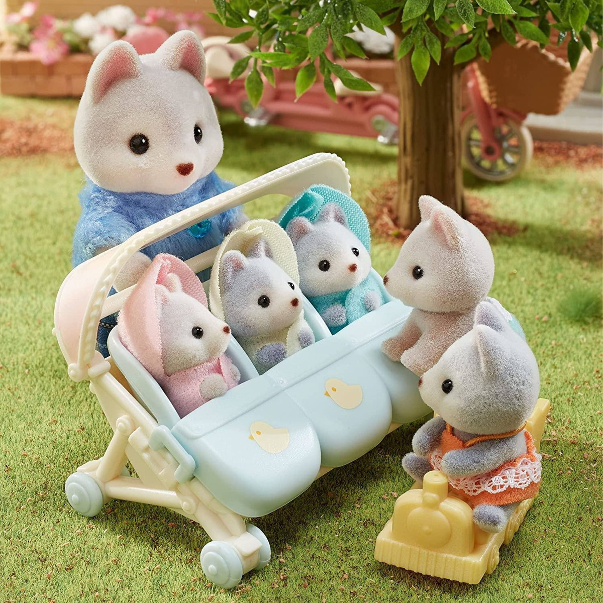 Sylvanian Families Gemelos Bebe Husky Tren Muñeco Juguete Tx