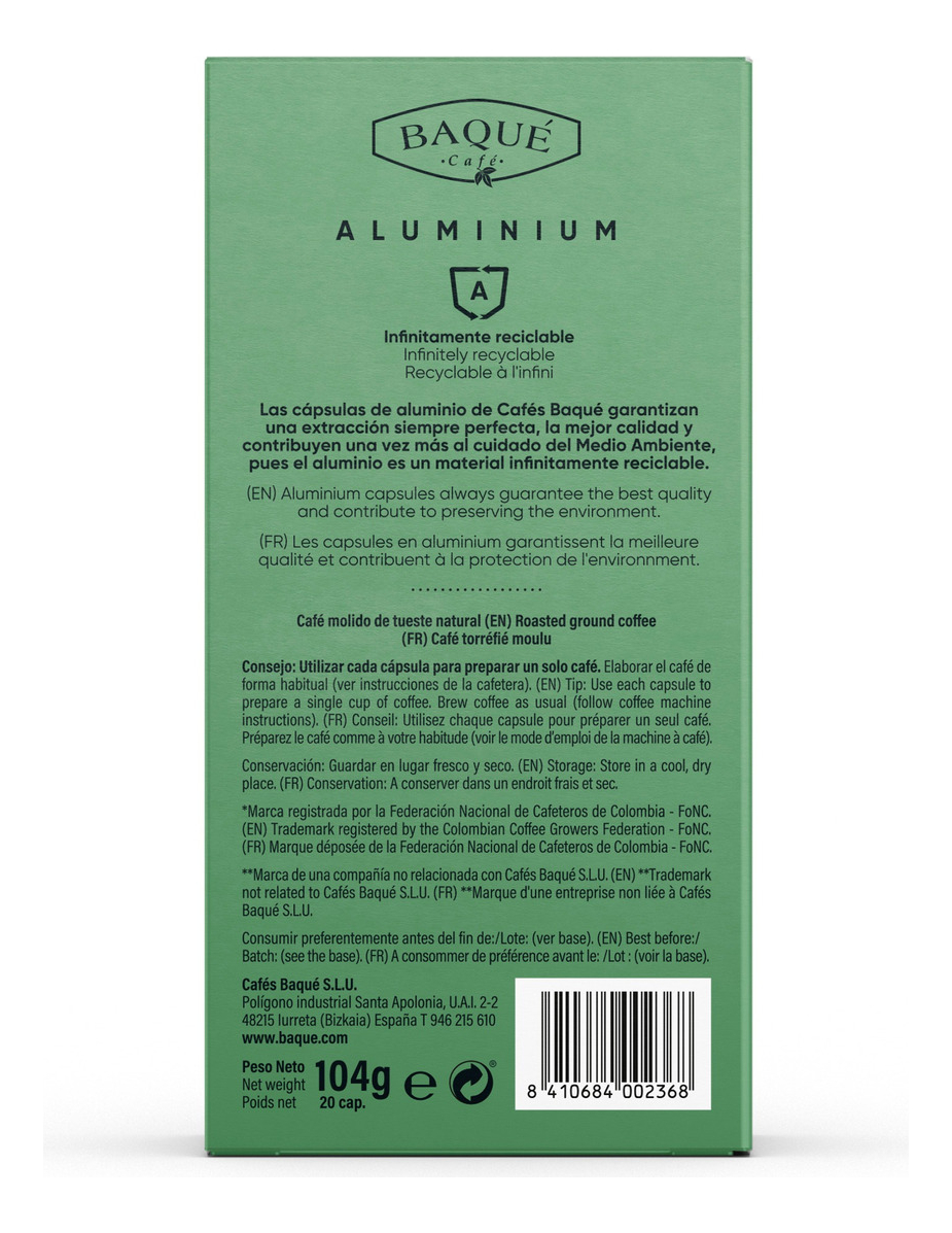 Capsulas Cafe Colombia Para Nespresso Baqué Pack 2 X 20 Uni