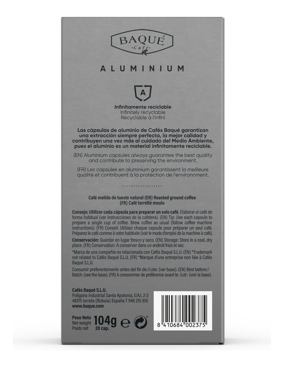 Capsulas Cafe Ristretto Para Nespresso Baqué Pack 2 X20 Uni