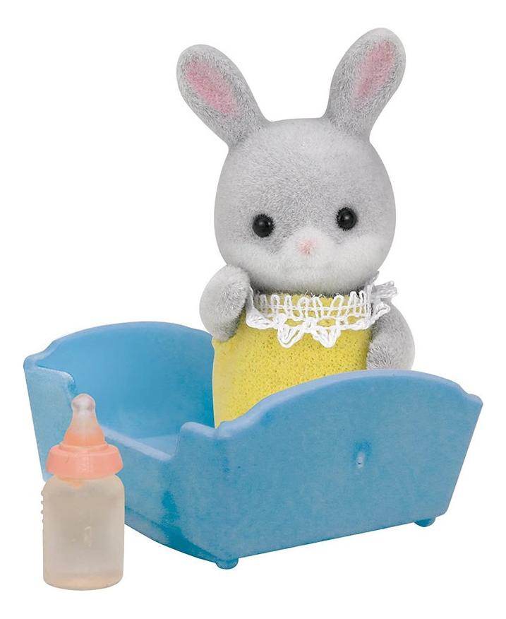 Sylvanian Families Conejo Gris Bebé + Cuna Mamadera Juguete