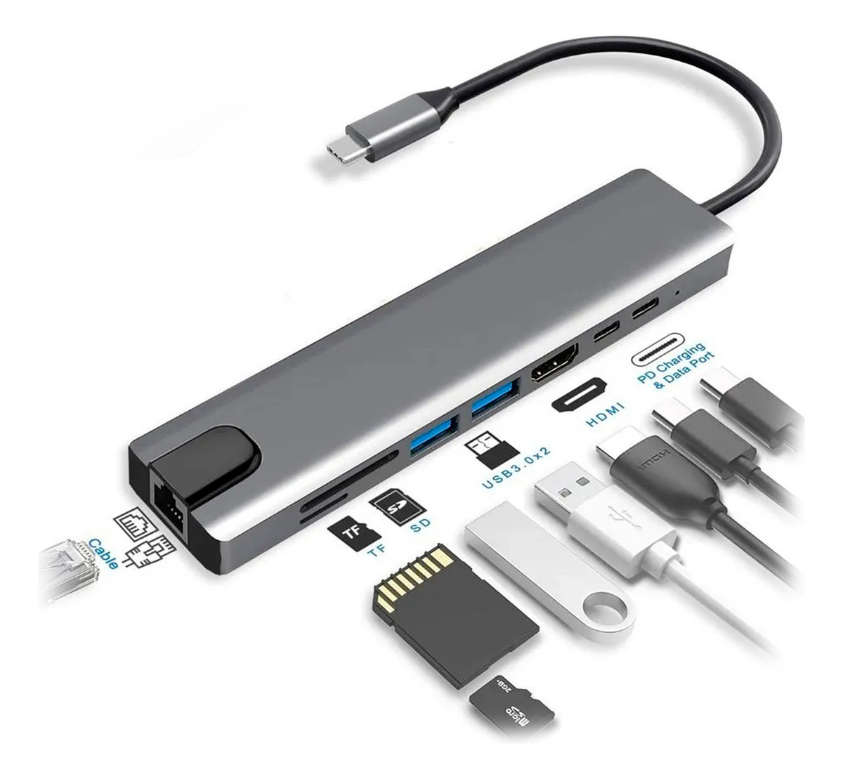 Adaptador Hub Usb C A Rj45 Usb 3.0 Tipo C 8 En 1 Calidad Tx